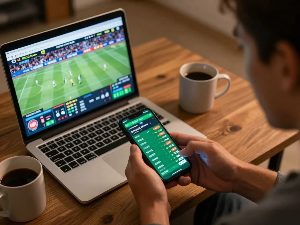 Keonhacai5 user engaging with live sports betting odds on smartphone in a cozy setting.