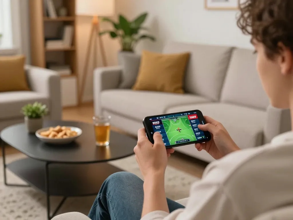 Engaging in online sports betting with qq88 app, comfortable home setting and snacks nearby