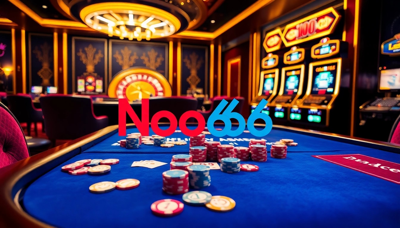 ฉากคาสิโน Noo66 แสดงโต๊ะเกมที่มีชีวิตชีวาพร้อมชิปโป๊กเกอร์และรูเล็ต