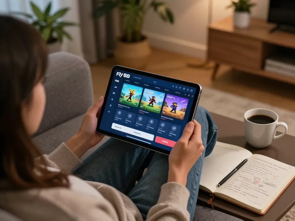 Experience online gaming excitement with fly88 using a tablet in a cozy home environment