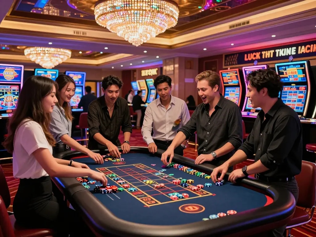 Experience the excitement of https://gem88.com.mx/ in a lively casino atmosphere with friends around the roulette table.