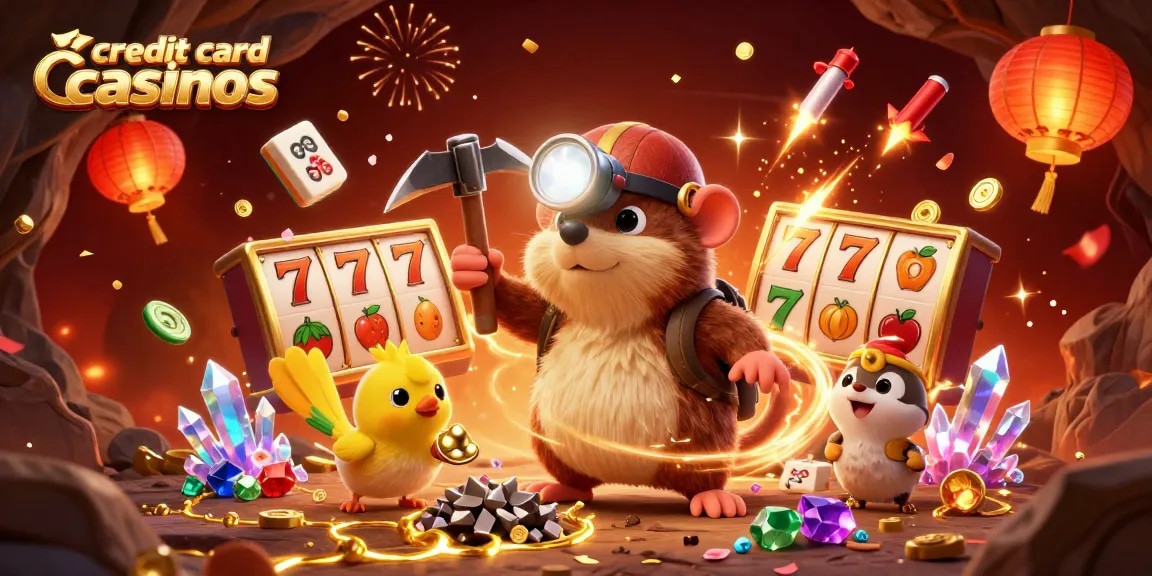Engage with credit card casinos featuring a treasure hunter mole and vibrant casino elements.