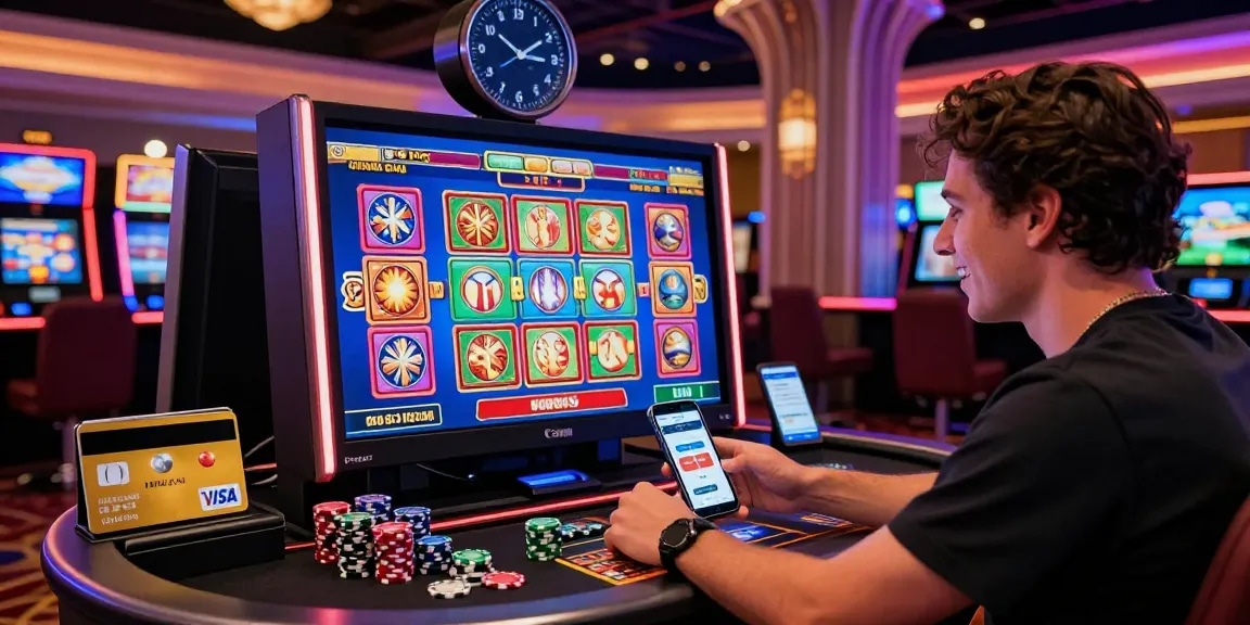 Exciting online casino scene at mhfe.org.uk with vibrant slot games, credit cards, and a player engaged in thrilling gameplay.