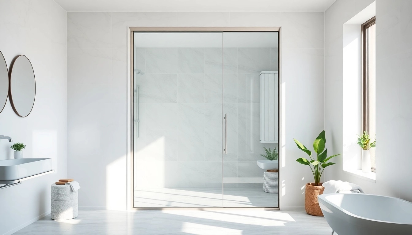 Show shower doors sliding in a bright, modern bathroom setting with elegant details.