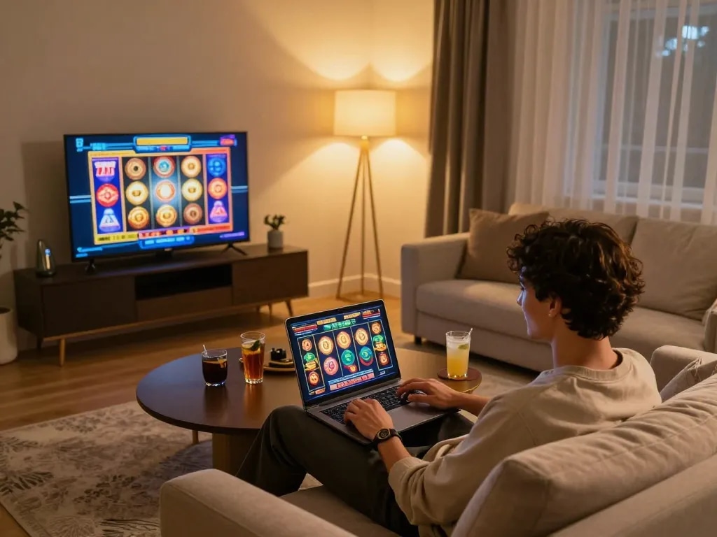 Player enjoying VT88 com slot games in a cozy home setting with vibrant graphics on screen.