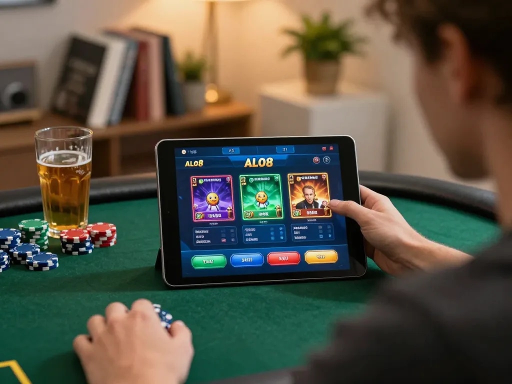 Person immersed in online gaming experience on ALO8 tablet, strategizing with poker chips nearby.