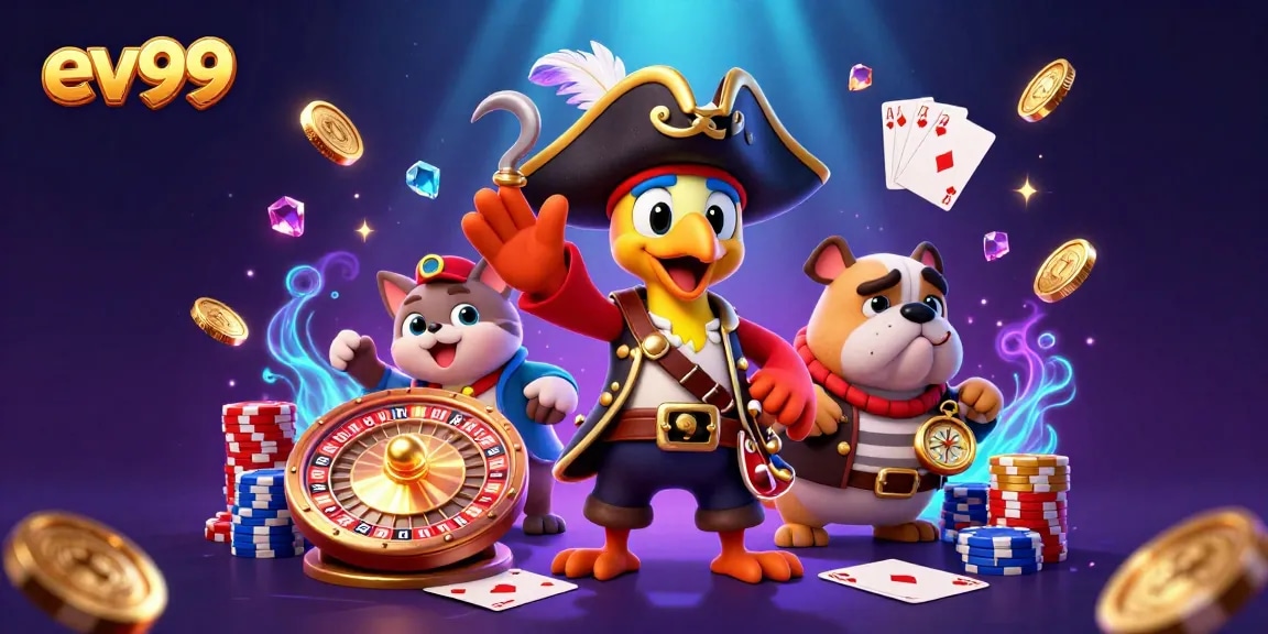 ev99 casino adventure scene with a pirate captain, bulldog, and cat navigator surrounded by casino elements.