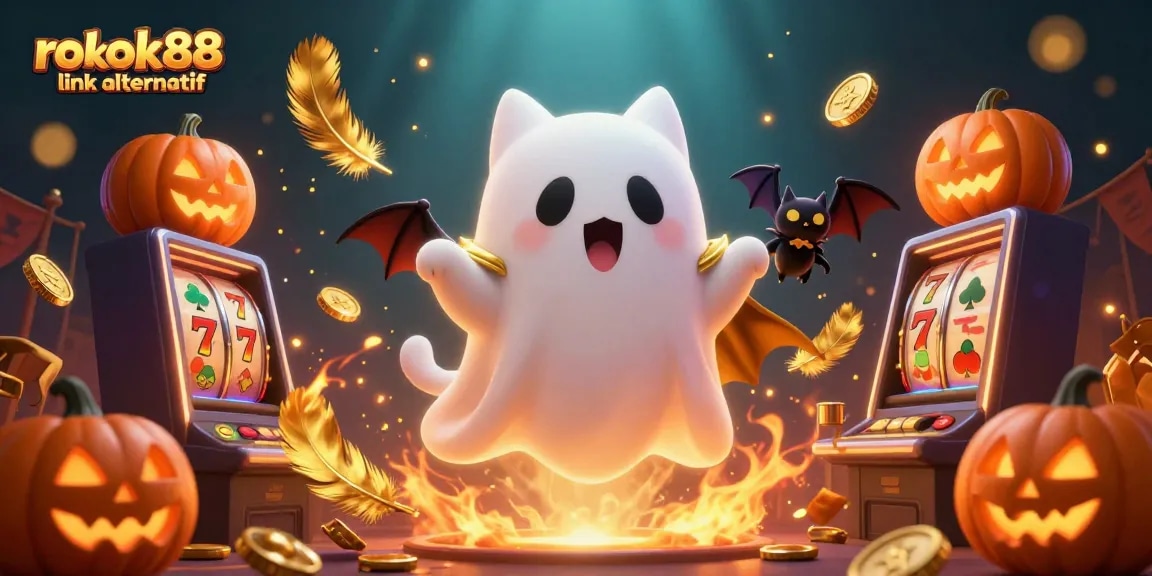 Engage with the exciting world of gambling at rokok88 link alternatif with a vibrant casino scene featuring a ghost cat, bat, and slot elements.