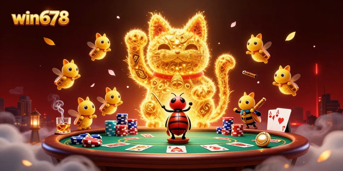 Experience the vibrant atmosphere of win678 with a golden lucky cat symbolizing good fortune in a casino setting.