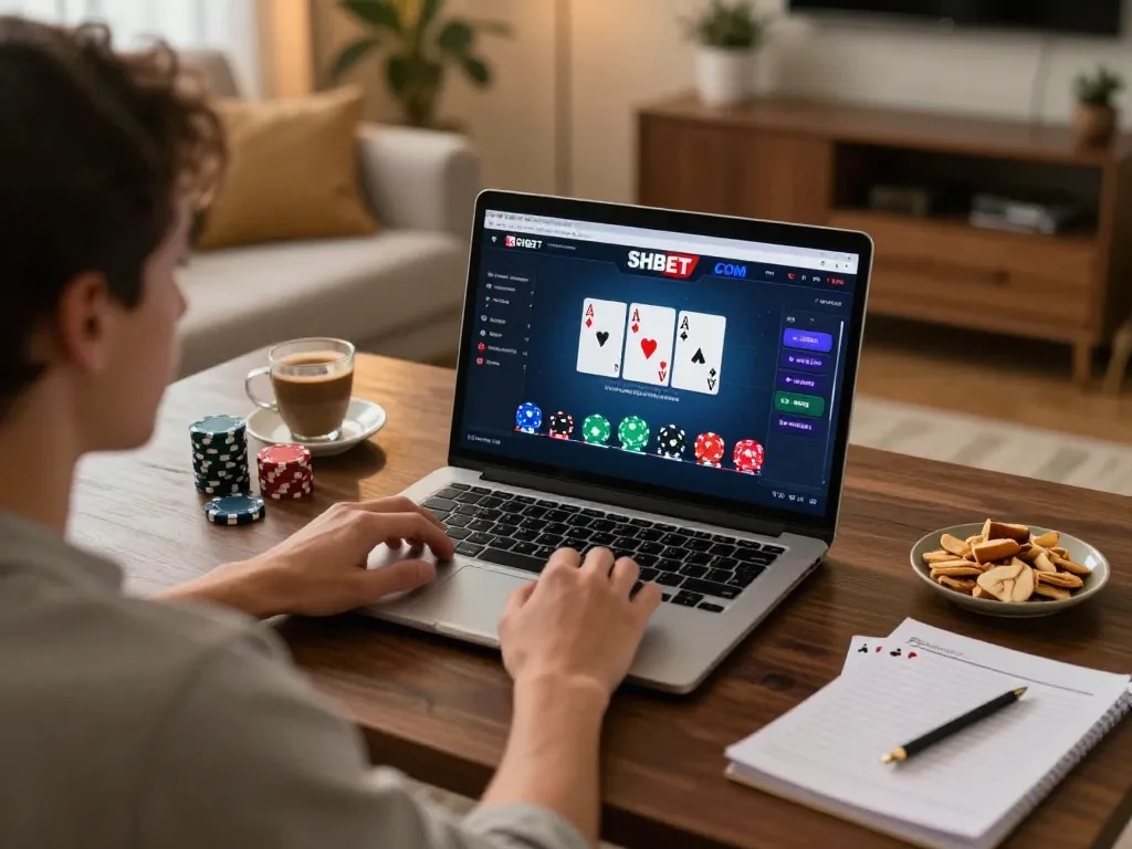 Player engaged in online poker on SHBET .COM with strategic notes and cozy atmosphere