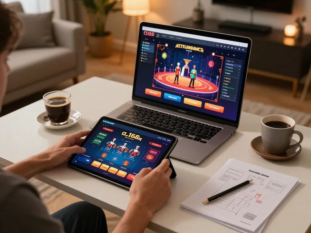 C168 player enjoying an online casino experience on a tablet with strategy notes.