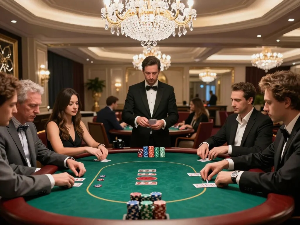 SC88 poker players strategizing around a luxurious table in an upscale casino.