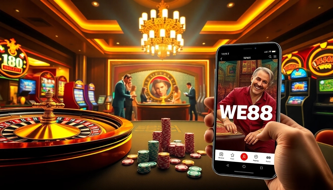 WE88 players engaging with vibrant slot machines in a luxurious casino setting.