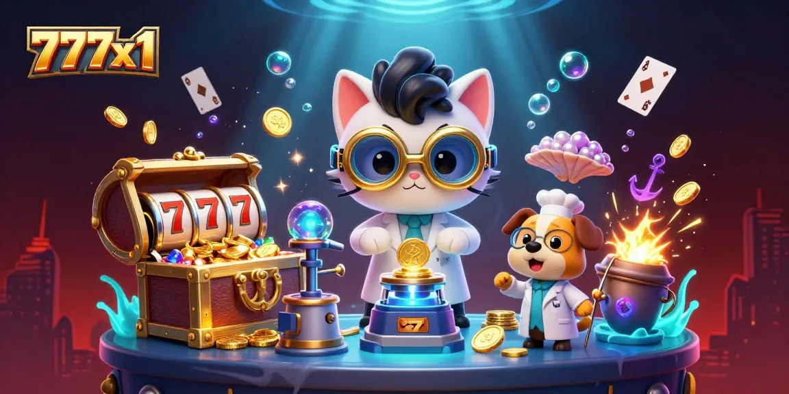 Engage with thrilling slots at 777x1, featuring a dynamic 3D cartoon scene of a mad scientist cat and dog amidst exploding treasure