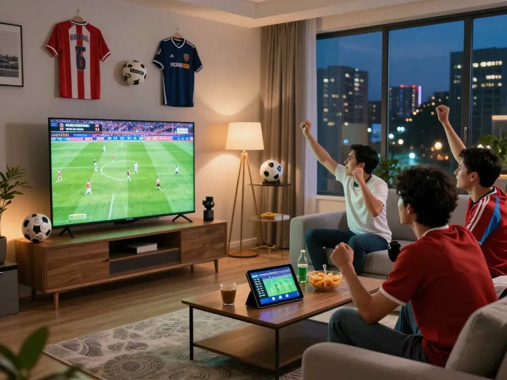 Fans enjoying live football match on TV while tracking NOWGOAL scores and stats.