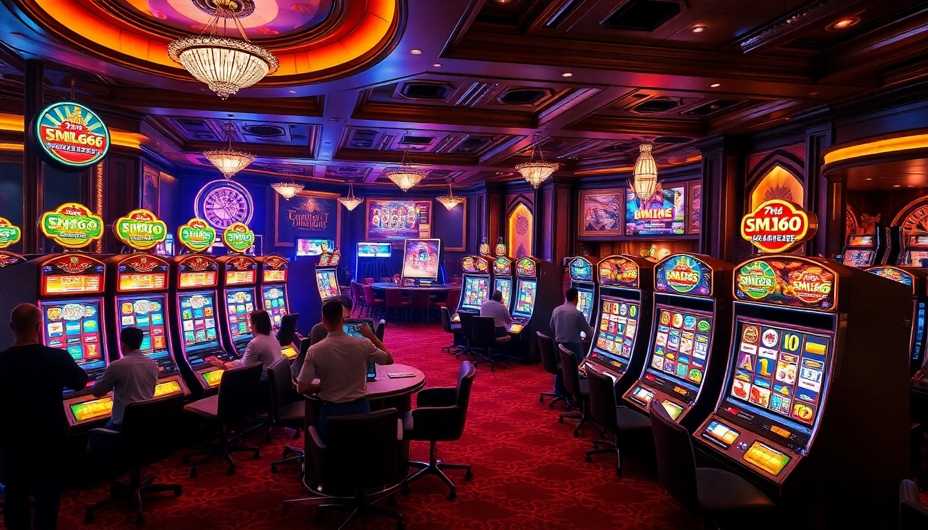 Players enjoying the mm66 slot machines in a luxurious casino atmosphere.