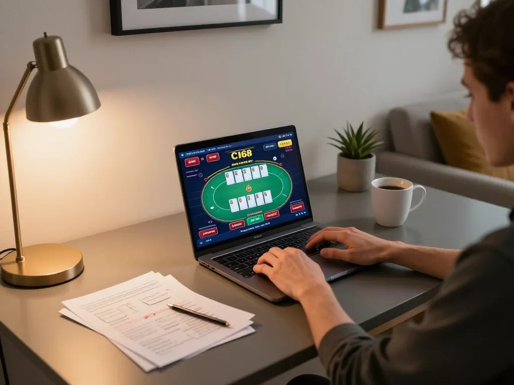 C168 player engaged in online poker strategy at home desk, laptop screen visible