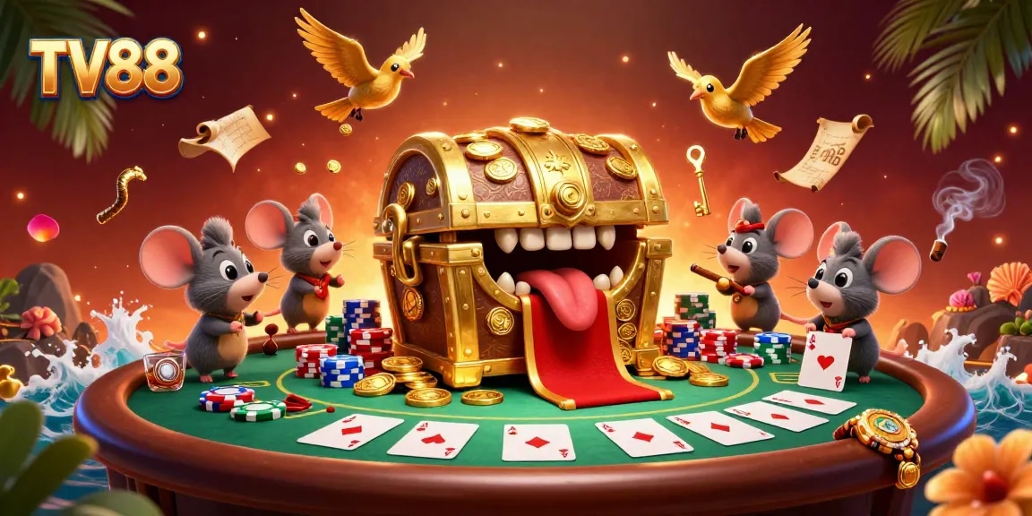 Engage with exciting poker games at TV88, featuring colorful chips and dynamic casino elements.