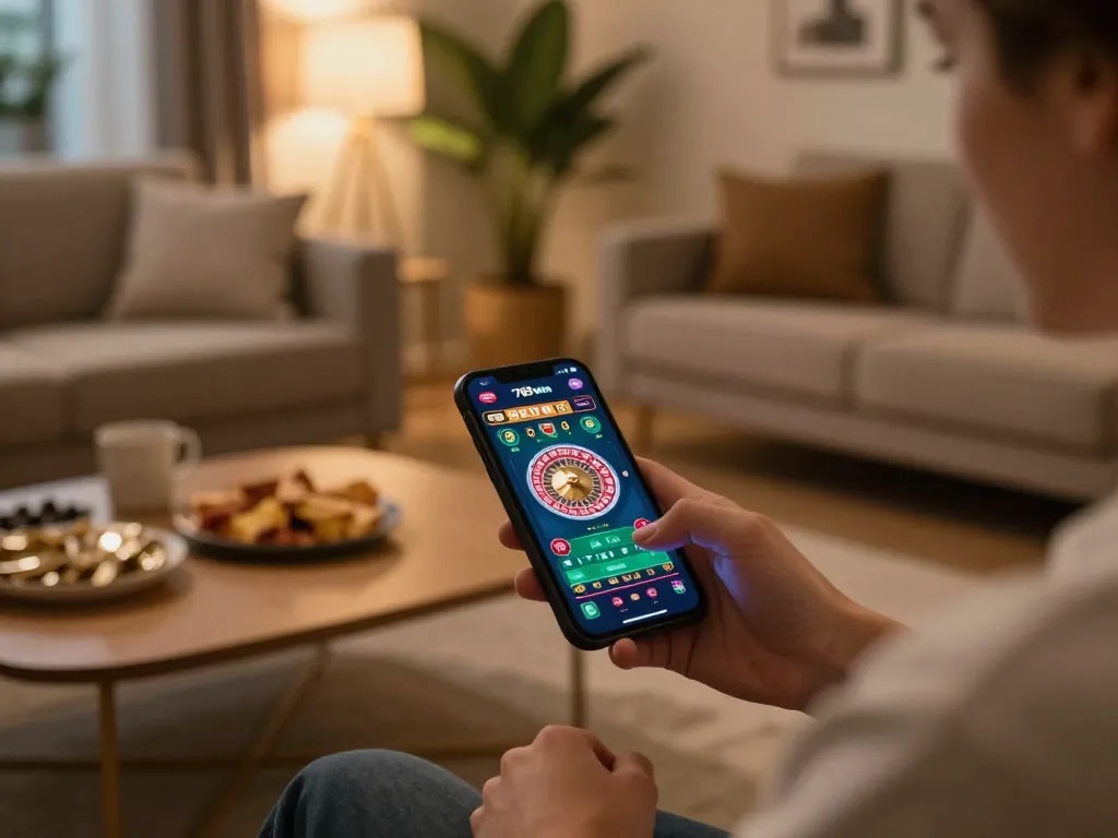 Player engaging with 789win casino app, enjoying a live roulette game in a cozy home setting.