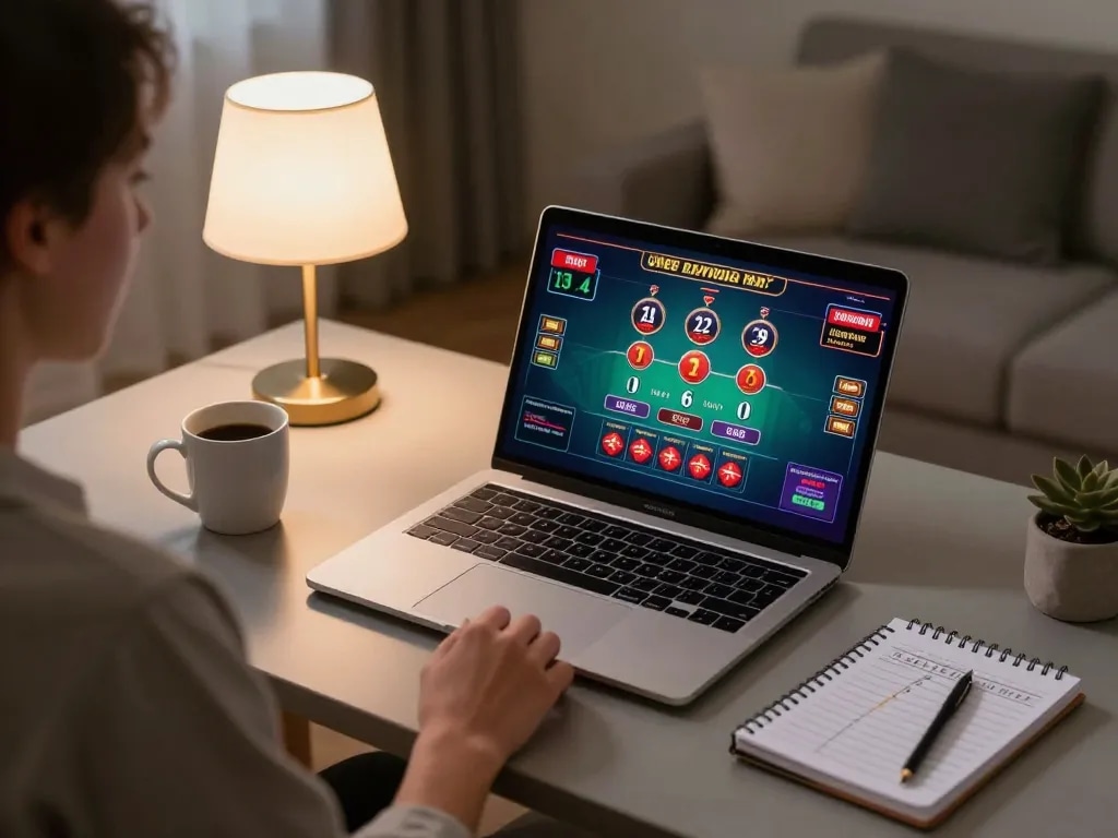 Engaged player enjoying bet789 online casino gaming on a modern laptop at home, reflecting strategic focus and comfort.