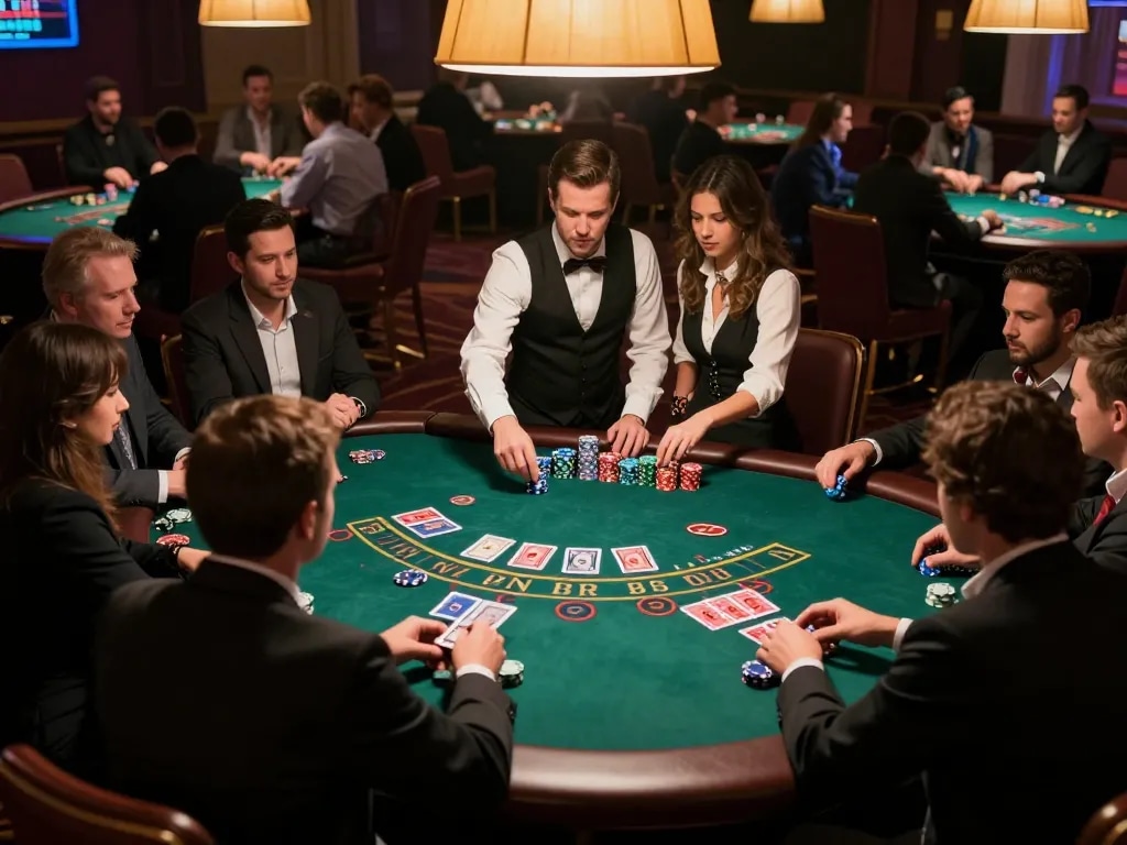 Engaging live dealer blackjack at TG88, players strategizing their next moves while enjoying an immersive casino atmosphere.