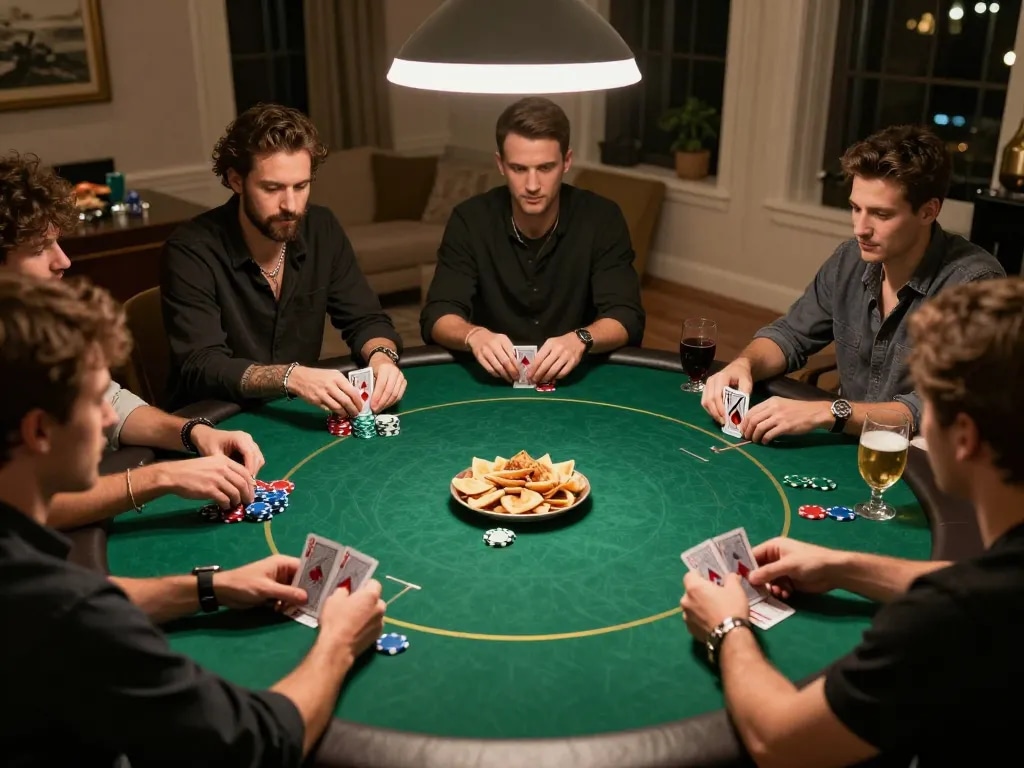 Engaged players at home poker game showing strategy at 32win32 table.