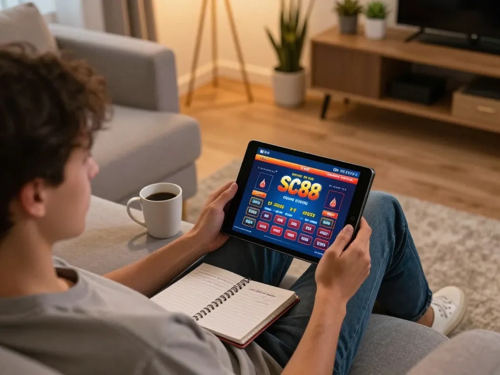 Player enjoying sc88 online gambling on tablet in a cozy home setup with notes nearby.