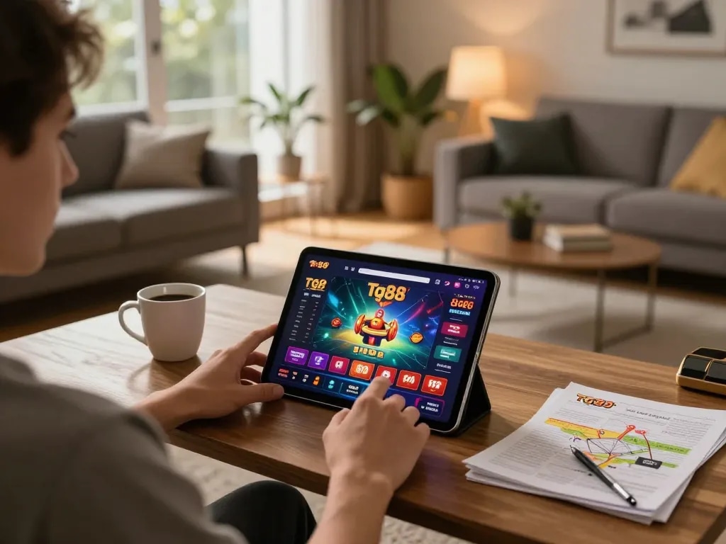 Experience tg88 gameplay on a tablet in a cozy living room with warm lighting.