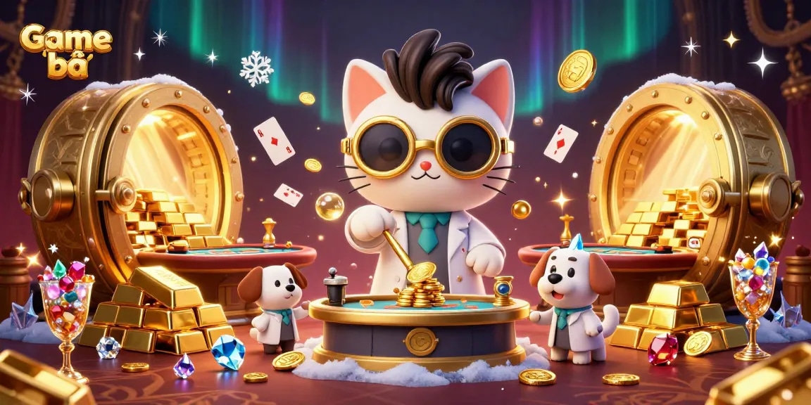 Engage in Game bài excitement with a mad scientist cat, creating gold amidst vibrant casino elements.