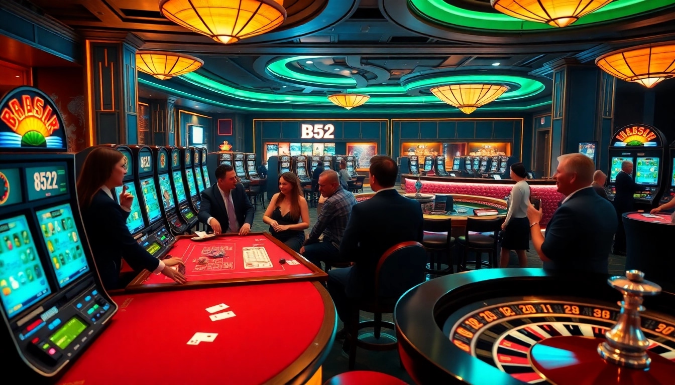 B52 Club poker table with vibrant chips and excited players enjoying a thrilling game.