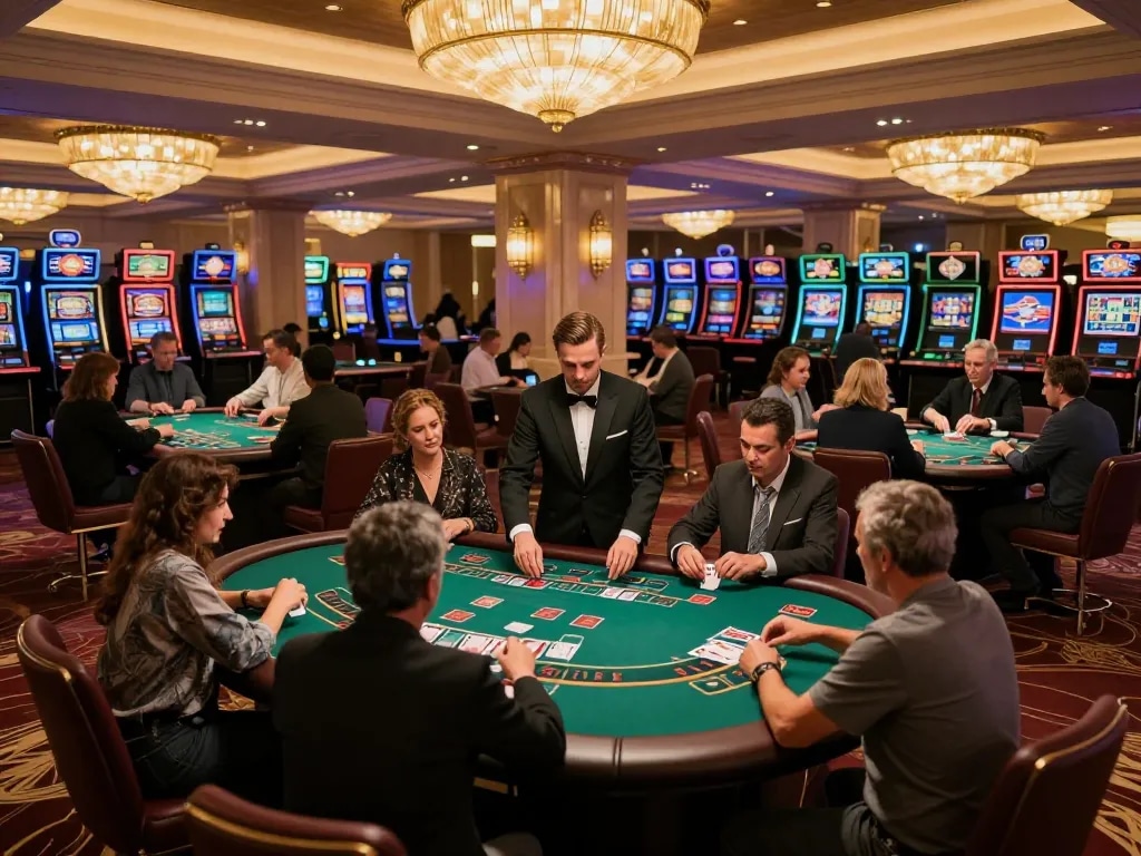 Players enjoying blackjack at Ko66 casino with vibrant ambiance and professional dealers guiding games.