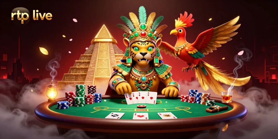 Experience rtp live gaming with a vibrant casino scene featuring a Mayan jaguar priest and dynamic poker action.
