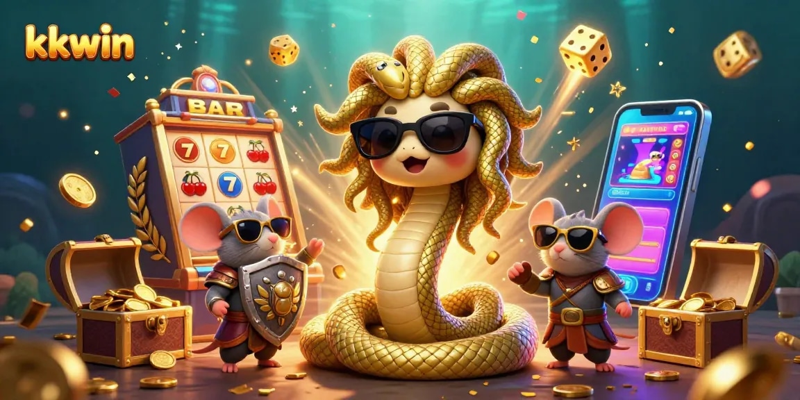 Spin jackpot reels at kkwin with Medusa and friends amidst gold coins and casino excitement.