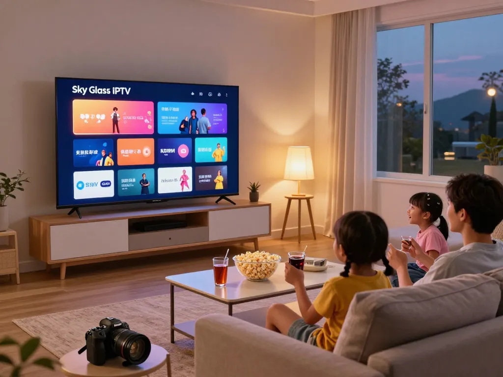 Family enjoying Sky Glass IPTV Subscription in a cozy living room while streaming their favorite shows.