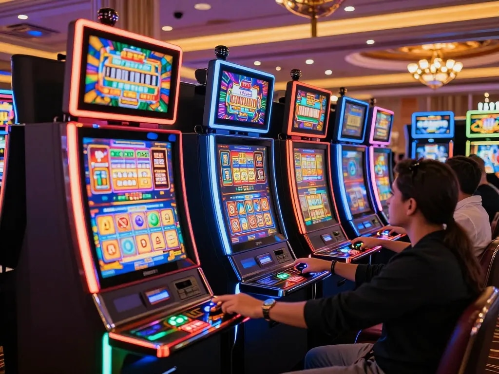 Experience link slot gacor with vibrant slot machines drawing in eager players in a lively casino