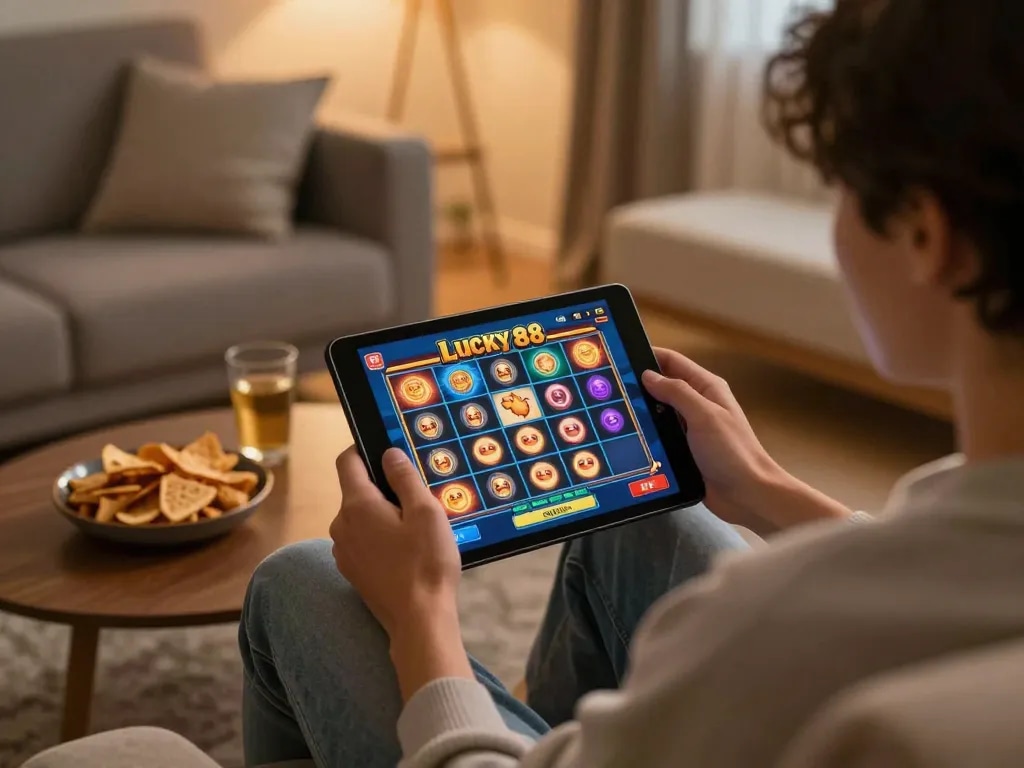 Enjoying a thrilling session on Lucky 88 slot game while relaxing at home.