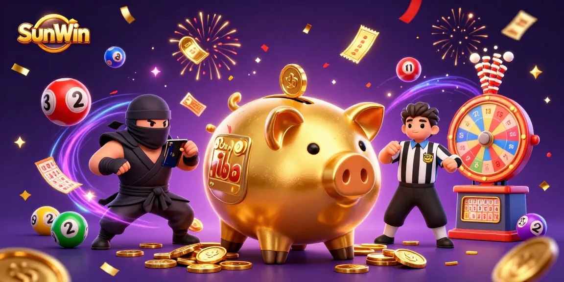 Experience excitement at SunWin with a sumo wrestler piggy bank, a wallet ninja, and a referee in vibrant gaming action.