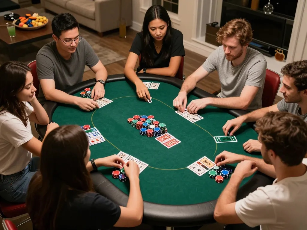 Players at a home poker game strategizing their next move, LLwin providing a platform for engaging gameplay.