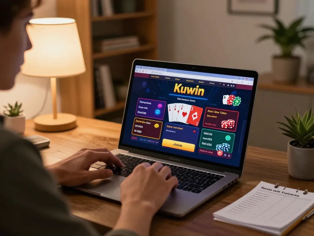 Kuwin online gaming scene with player focused on poker interface at home, highlighting responsible gaming.