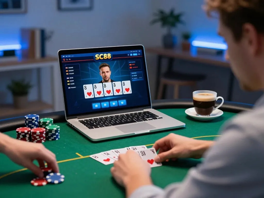 Player engaging in poker at SC88 online, placing chips while analyzing cards for a winning strategy.