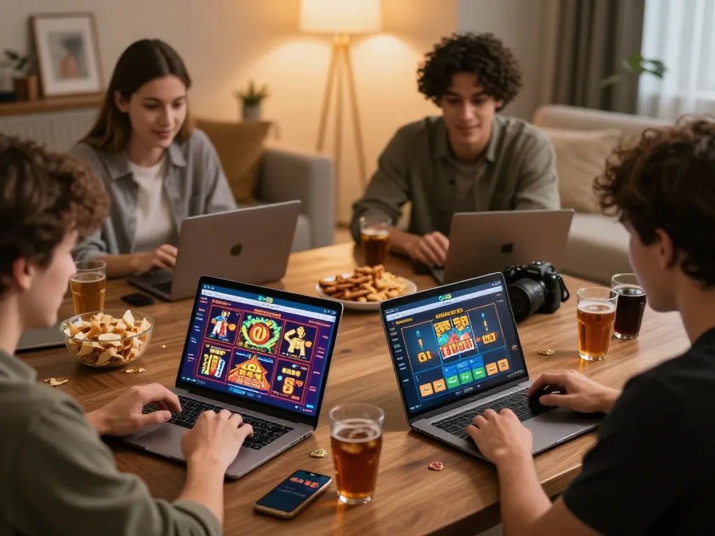 Players enjoying their gaming experience with Go88 online casino on laptops and smartphones, showcasing excitement and interaction.