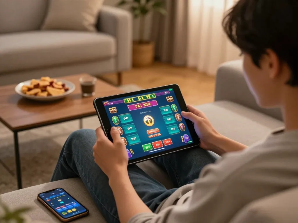 Engaged player enjoying tài xỉu online on a tablet in a cozy home setting.