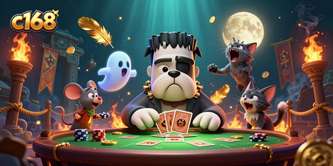 c168's lively casino scene with a Frankenstein bulldog dealing cards and a ghost mouse amidst golden coins.