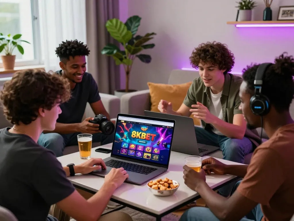 Friends enjoying online gaming on 8KBET in a lively living room.