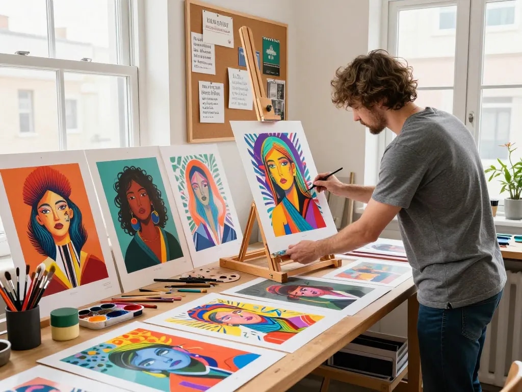 Custom poster printing showcased by an artist arranging colorful prints in a bright art studio.