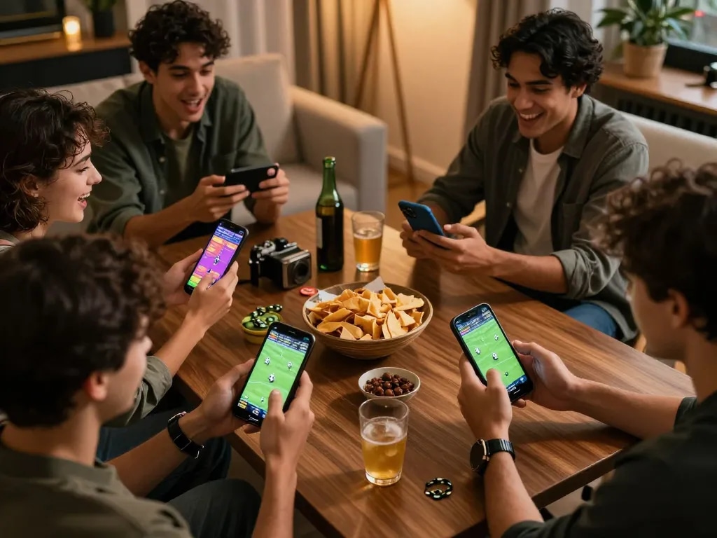 Engaged friends using smartphones for online betting, showcasing the g28 bookmaker in a lively sports atmosphere.