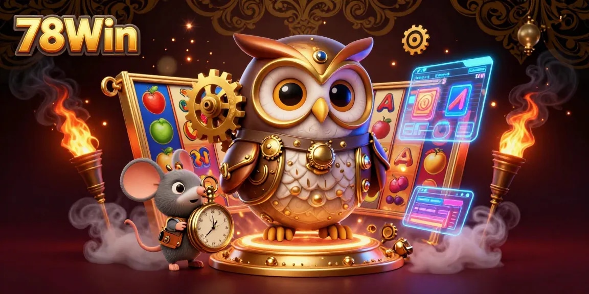 Experience the excitement of 78Win with vibrant slot machines and animated characters in a 3D casino scene.