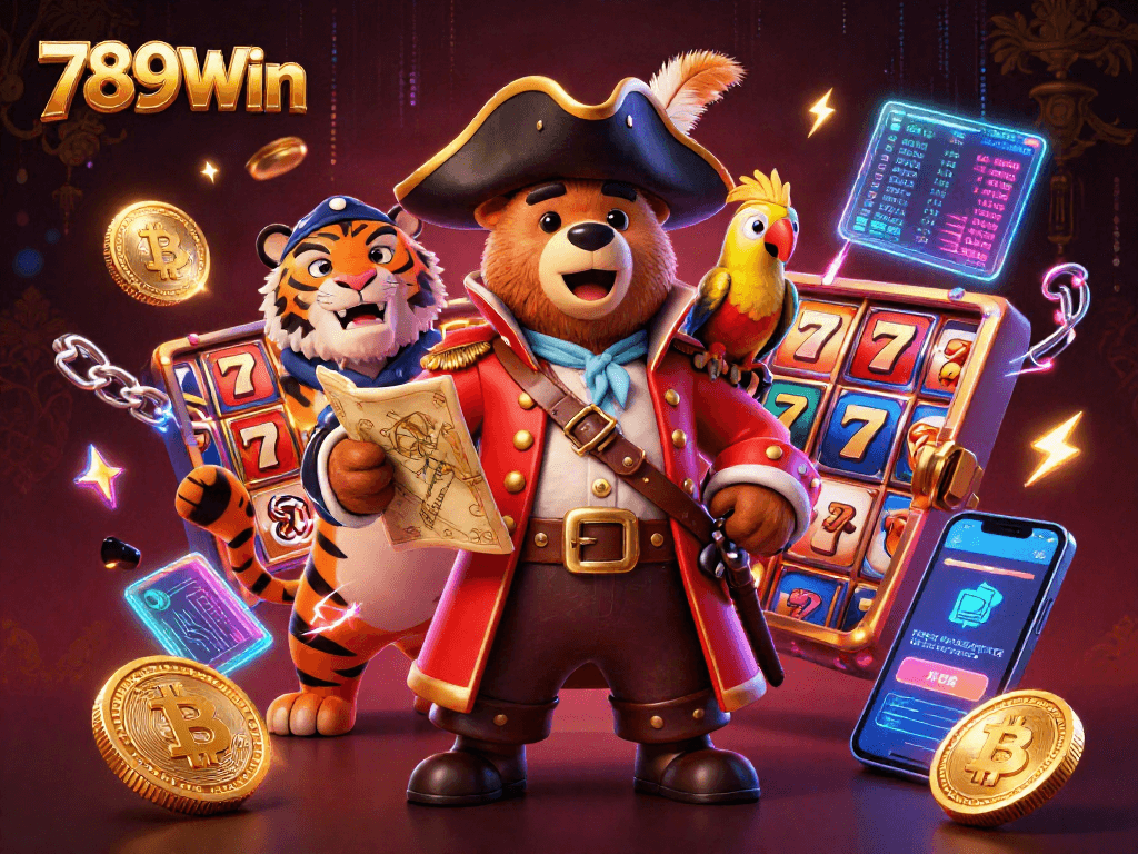 Experience thrilling gameplay with 789Win's exciting slot reels and crypto elements in a vibrant 3D illustration.