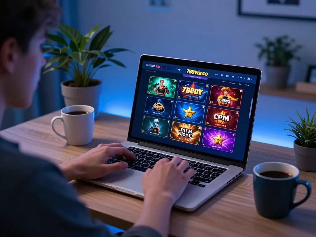Engaged player using the 789winco platform at home, showcasing the online casino experience.
