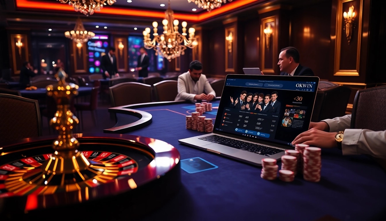 OKWIN online casino interface with poker chips and a roulette wheel depicting an exciting gambling atmosphere.